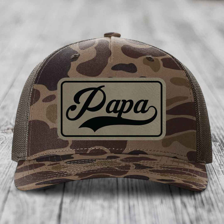 Papa - Leather Patch Hat - Light Brown to Black Patch - Richardson 112PFP Snapback Trucker Hat