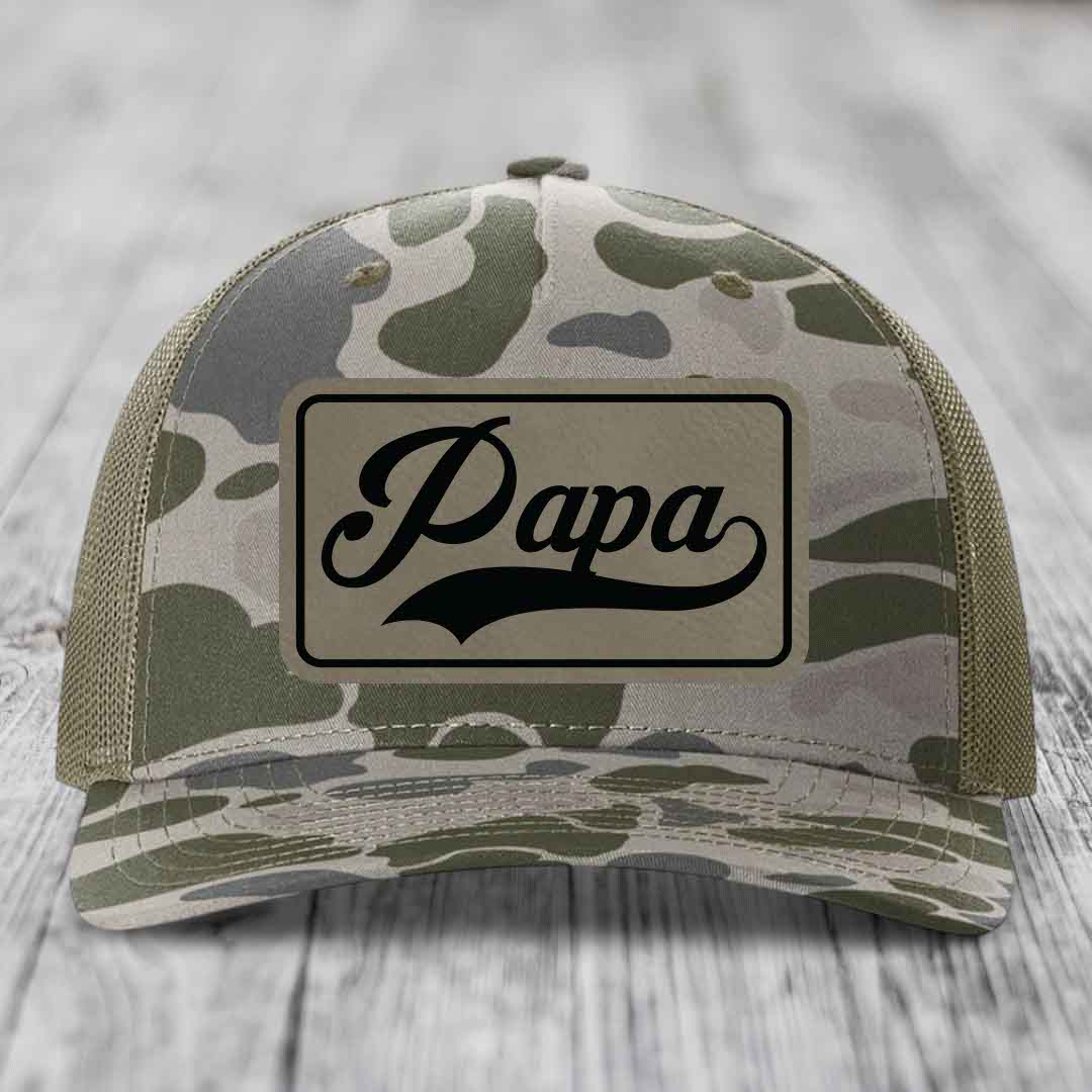 Papa - Leather Patch Hat - Light Brown to Black Patch - Richardson 112PFP Snapback Trucker Hat