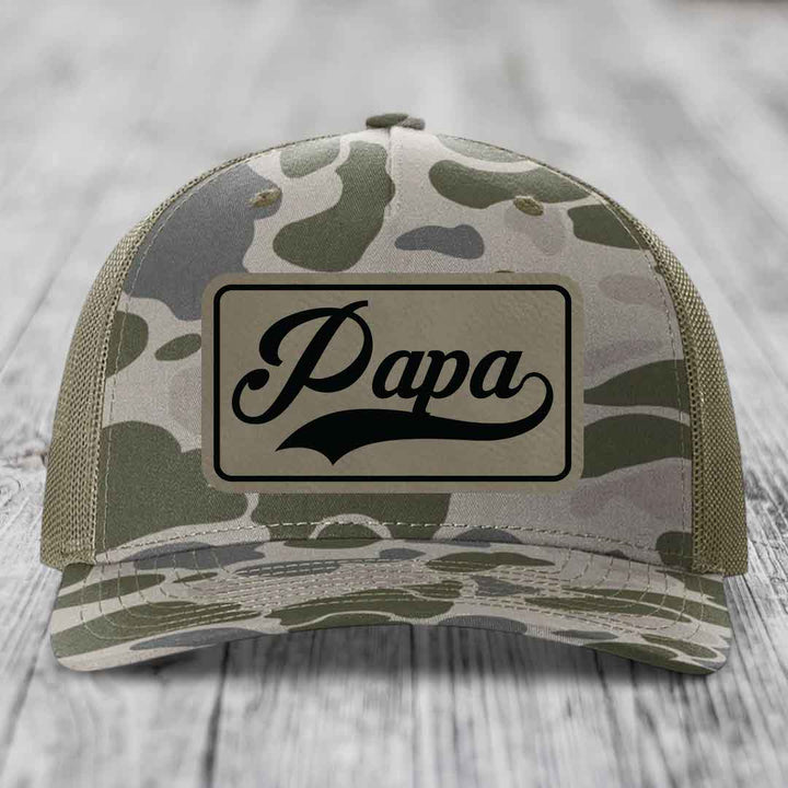 Papa - Leather Patch Hat - Light Brown to Black Patch - Richardson 112PFP Snapback Trucker Hat