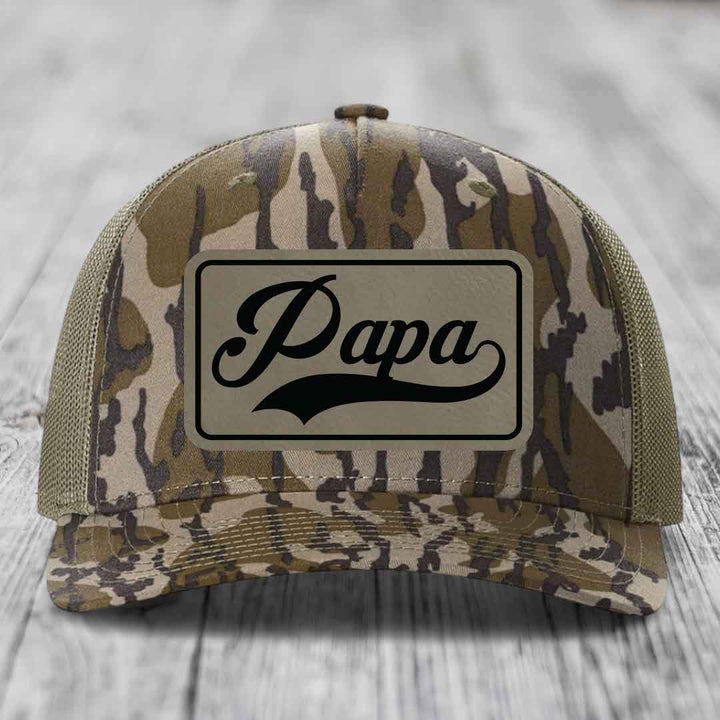 Papa - Leather Patch Hat - Light Brown to Black Patch - Richardson 112PFP Snapback Trucker Hat