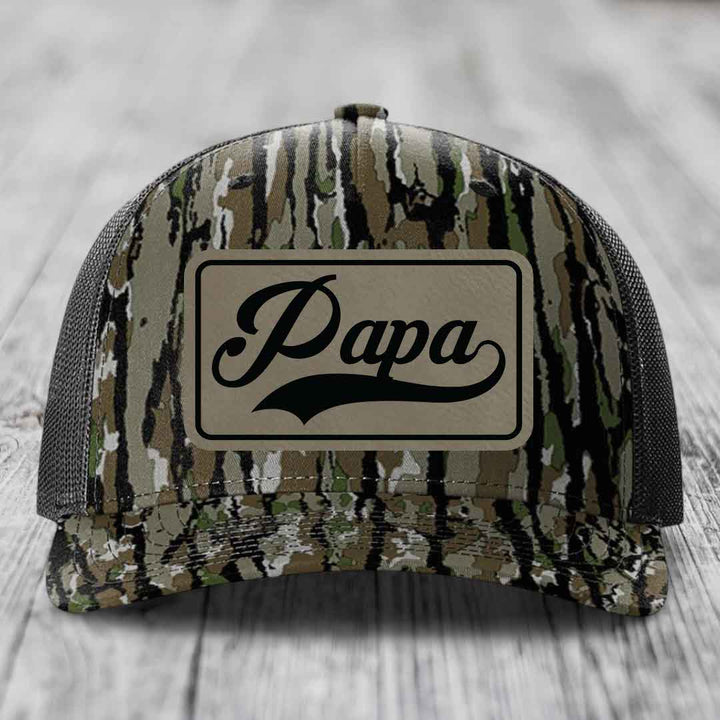 Papa - Leather Patch Hat - Light Brown to Black Patch - Richardson 112PFP Snapback Trucker Hat