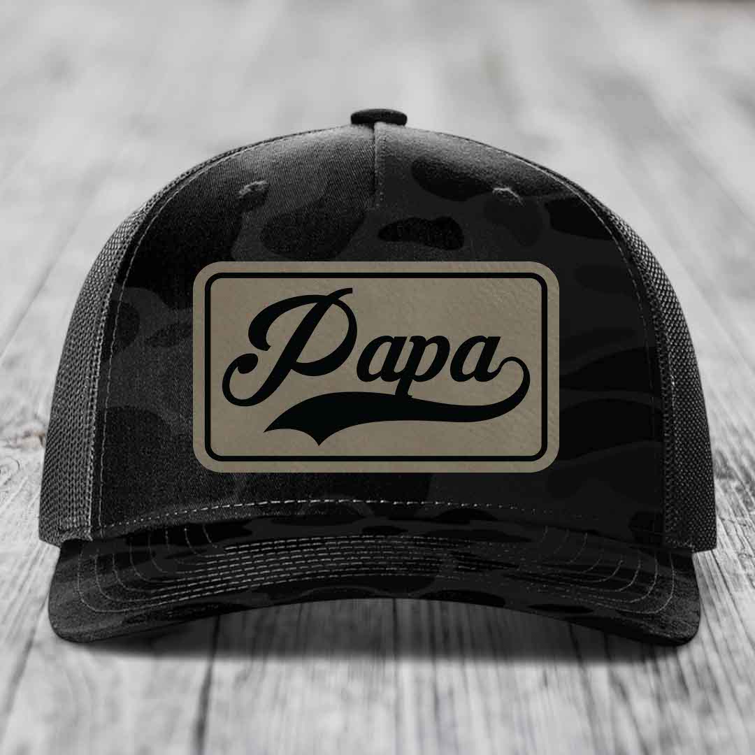 Papa - Leather Patch Hat - Light Brown to Black Patch - Richardson 112PFP Snapback Trucker Hat