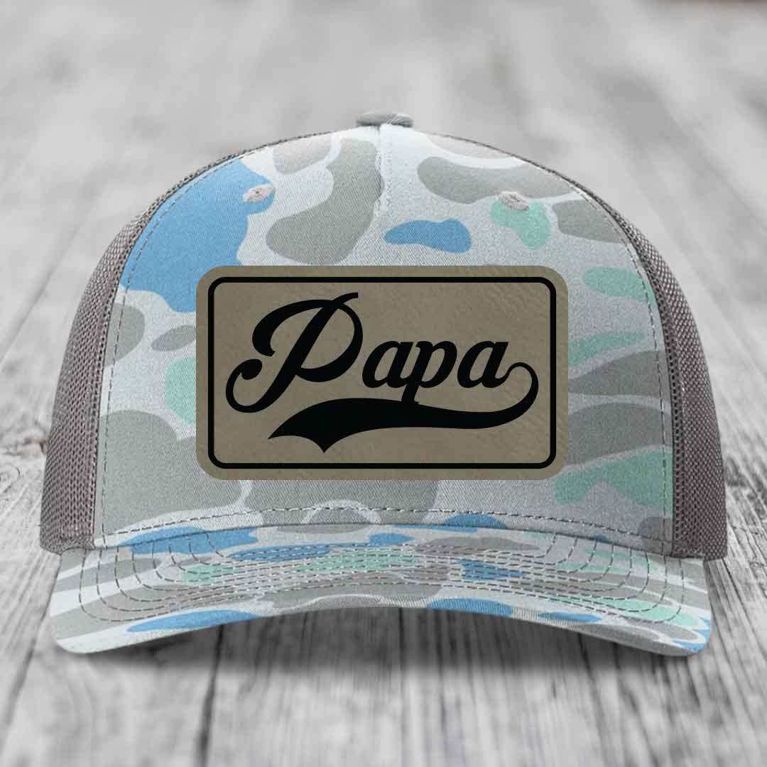 Papa - Leather Patch Hat - Light Brown to Black Patch - Richardson 112PFP Snapback Trucker Hat
