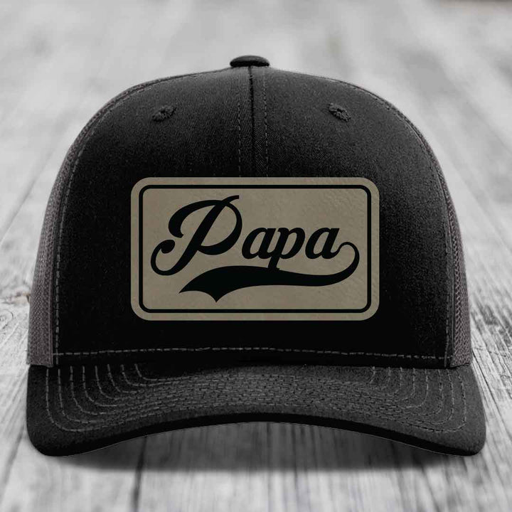 Papa - Leather Patch Hat - Light Brown to Black Patch - Richardson 112 Snapback Trucker Hat