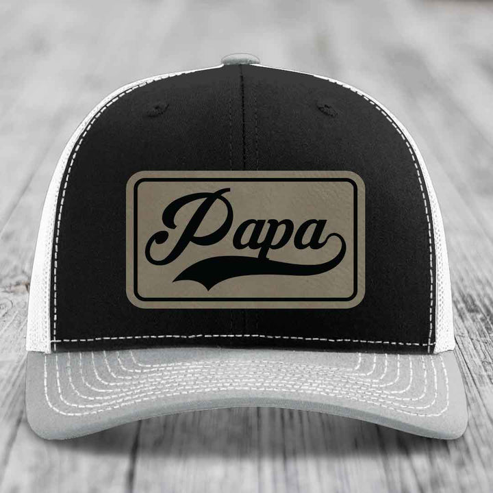 Papa - Leather Patch Hat - Light Brown to Black Patch - Richardson 112 Snapback Trucker Hat