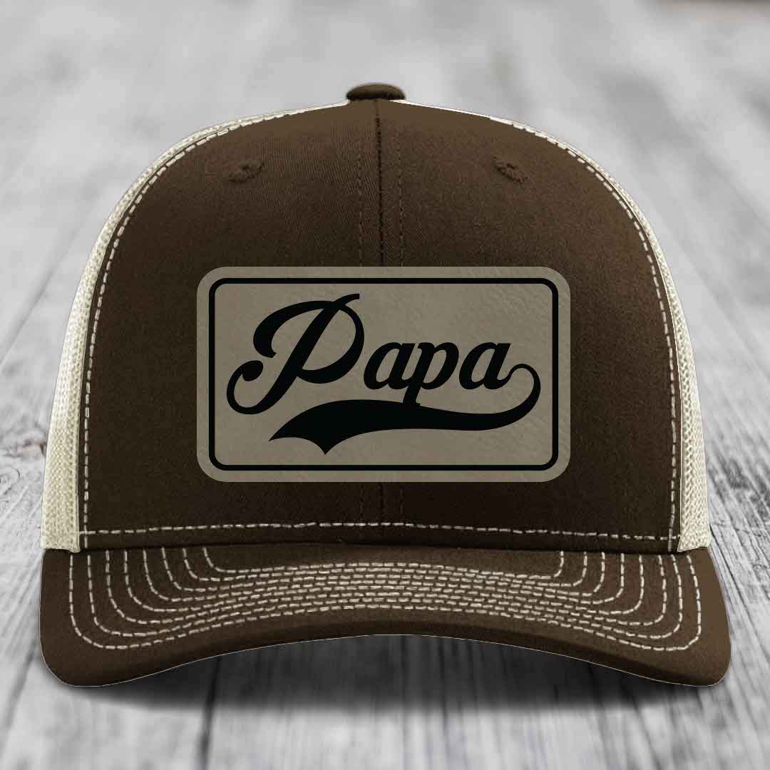 Papa - Leather Patch Hat - Light Brown to Black Patch - Richardson 112 Snapback Trucker Hat