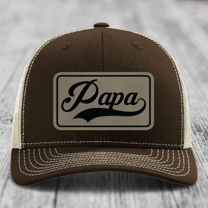 Papa - Leather Patch Hat - Light Brown to Black Patch - Richardson 112 Snapback Trucker Hat