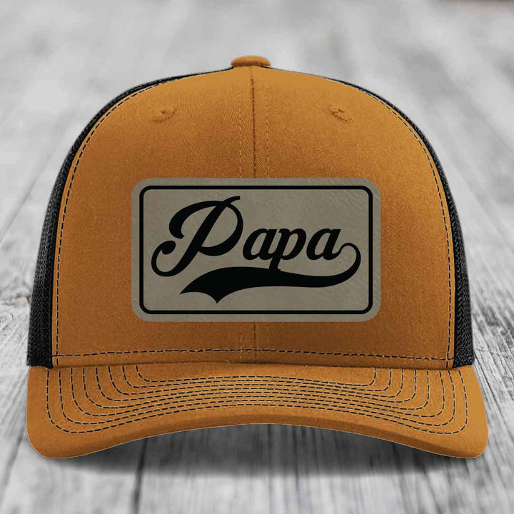 Papa - Leather Patch Hat - Light Brown to Black Patch - Richardson 112 Snapback Trucker Hat