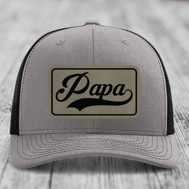 Papa - Leather Patch Hat - Light Brown to Black Patch - Richardson 112 Snapback Trucker Hat