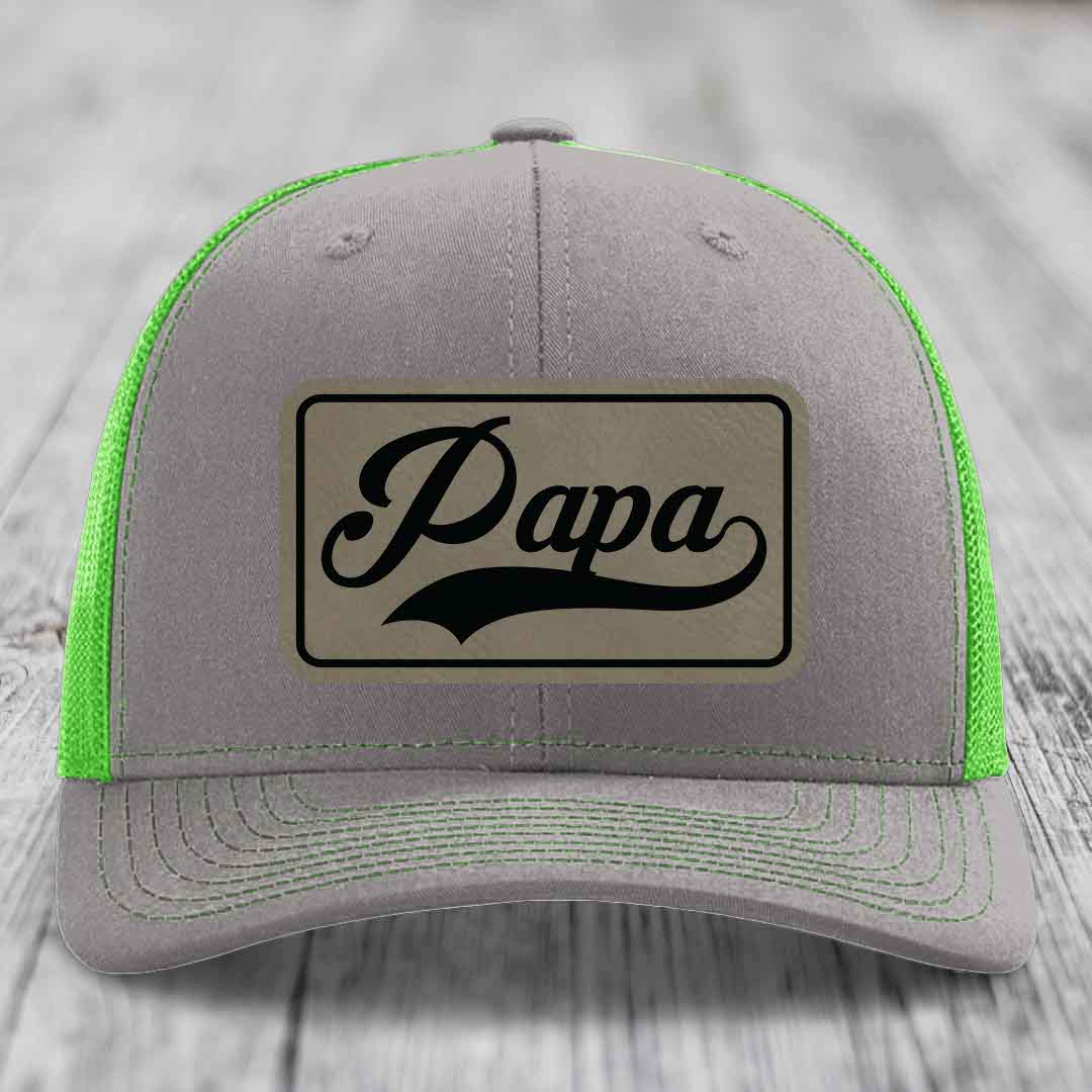 Papa - Leather Patch Hat - Light Brown to Black Patch - Richardson 112 Snapback Trucker Hat
