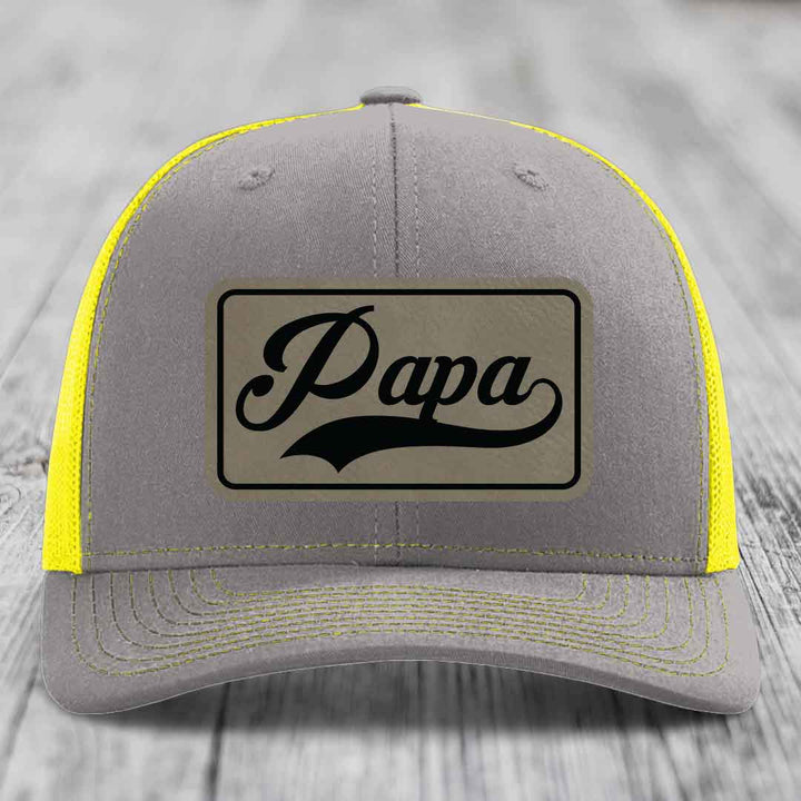 Papa - Leather Patch Hat - Light Brown to Black Patch - Richardson 112 Snapback Trucker Hat