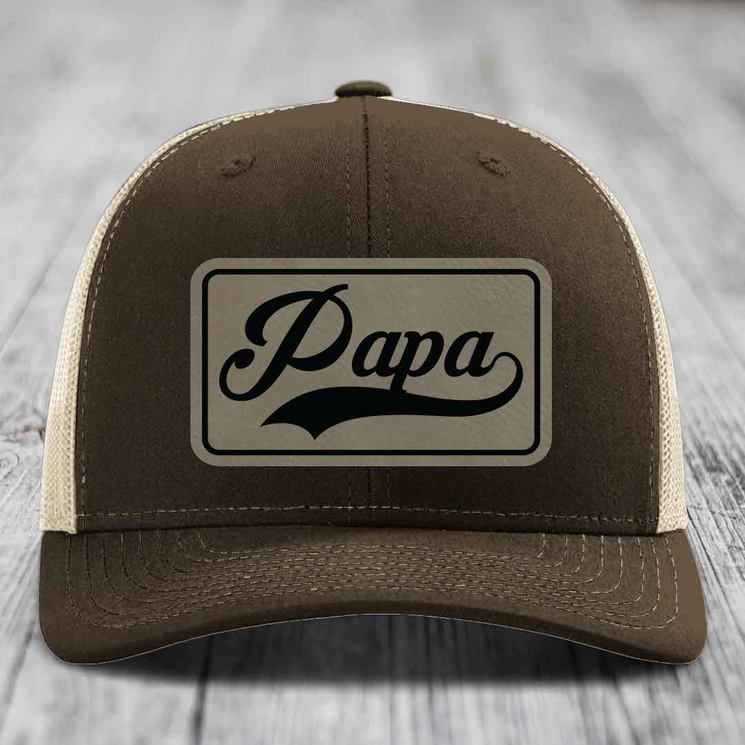 Papa - Leather Patch Hat - Light Brown to Black Patch - Richardson 112 Snapback Trucker Hat
