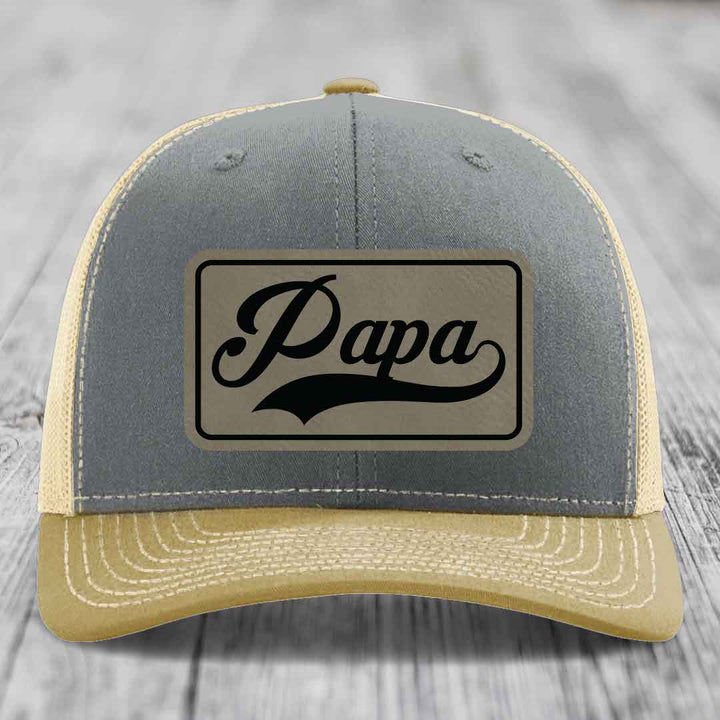 Papa - Leather Patch Hat - Light Brown to Black Patch - Richardson 112 Snapback Trucker Hat