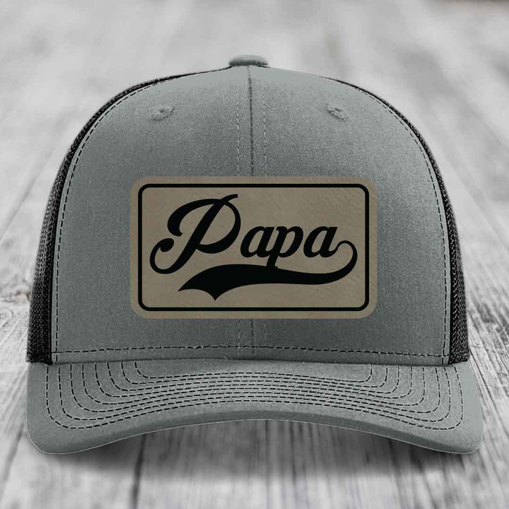 Papa - Leather Patch Hat - Light Brown to Black Patch - Richardson 112 Snapback Trucker Hat