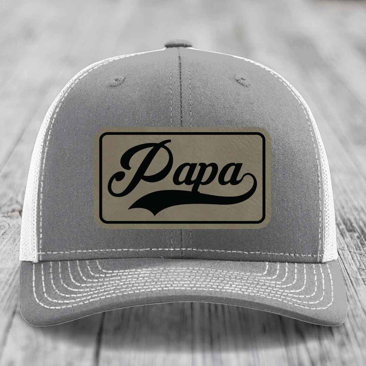 Papa - Leather Patch Hat - Light Brown to Black Patch - Richardson 112 Snapback Trucker Hat