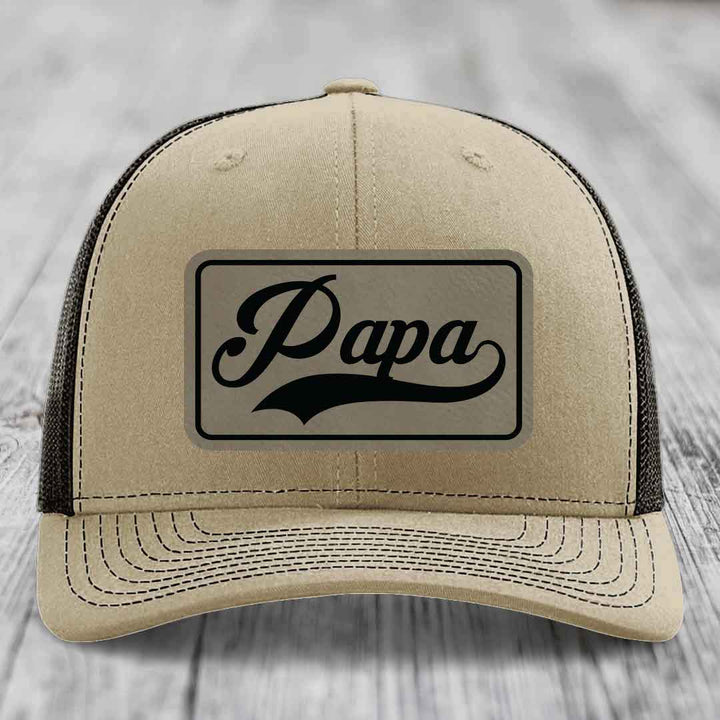 Papa - Leather Patch Hat - Light Brown to Black Patch - Richardson 112 Snapback Trucker Hat