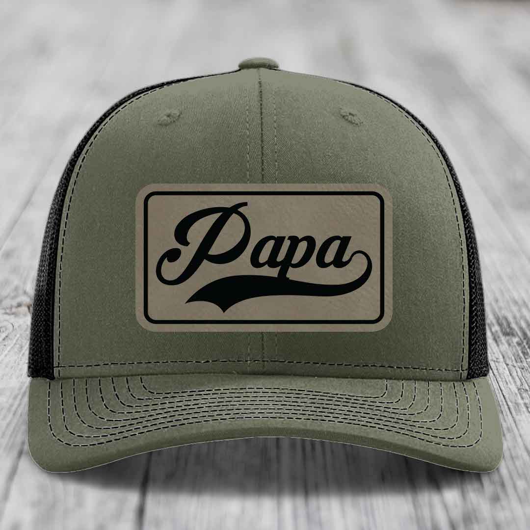 Papa - Leather Patch Hat - Light Brown to Black Patch - Richardson 112 Snapback Trucker Hat