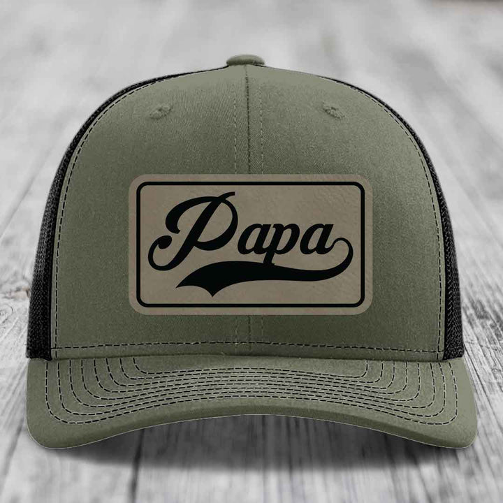 Papa - Leather Patch Hat - Light Brown to Black Patch - Richardson 112 Snapback Trucker Hat