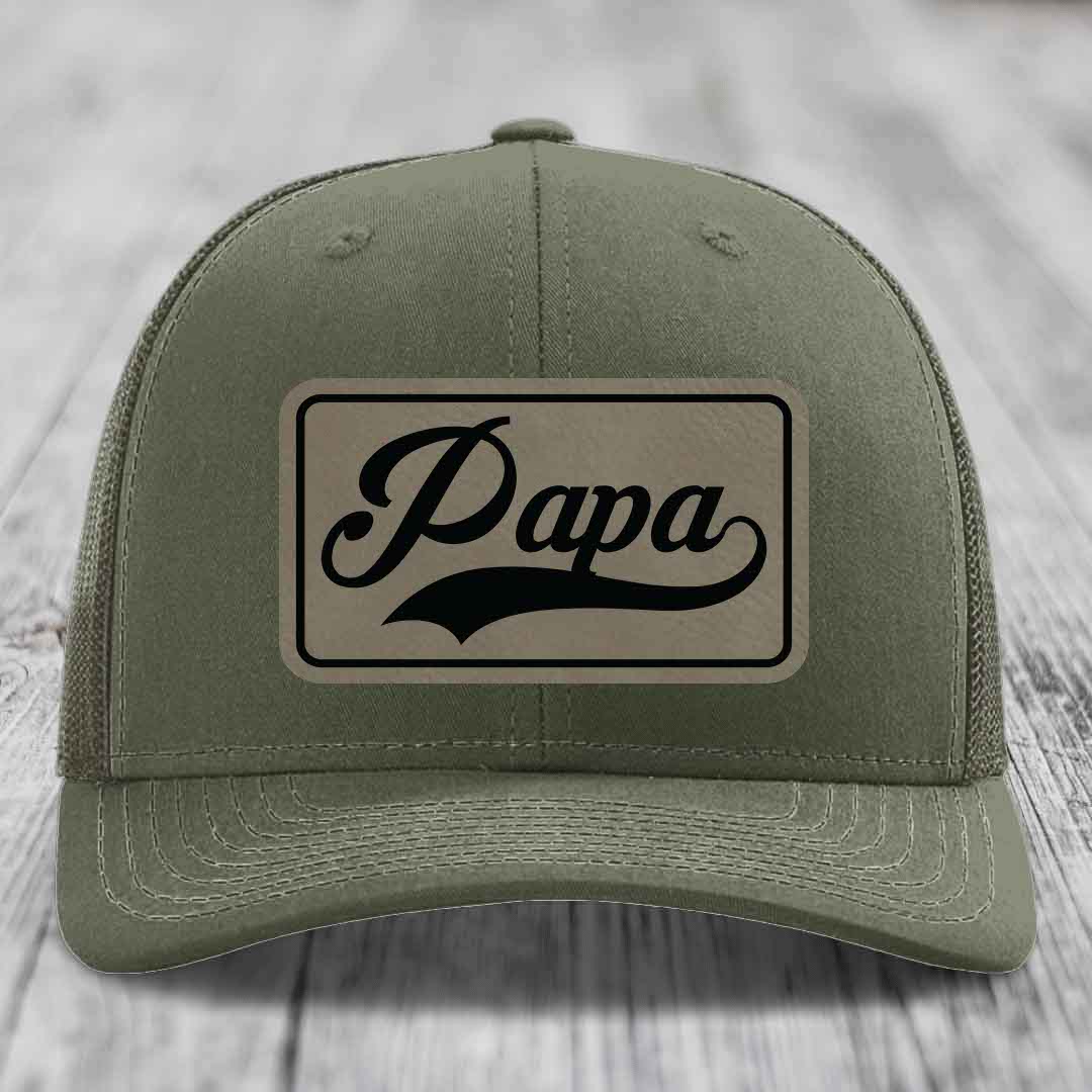 Papa - Leather Patch Hat - Light Brown to Black Patch - Richardson 112 Snapback Trucker Hat