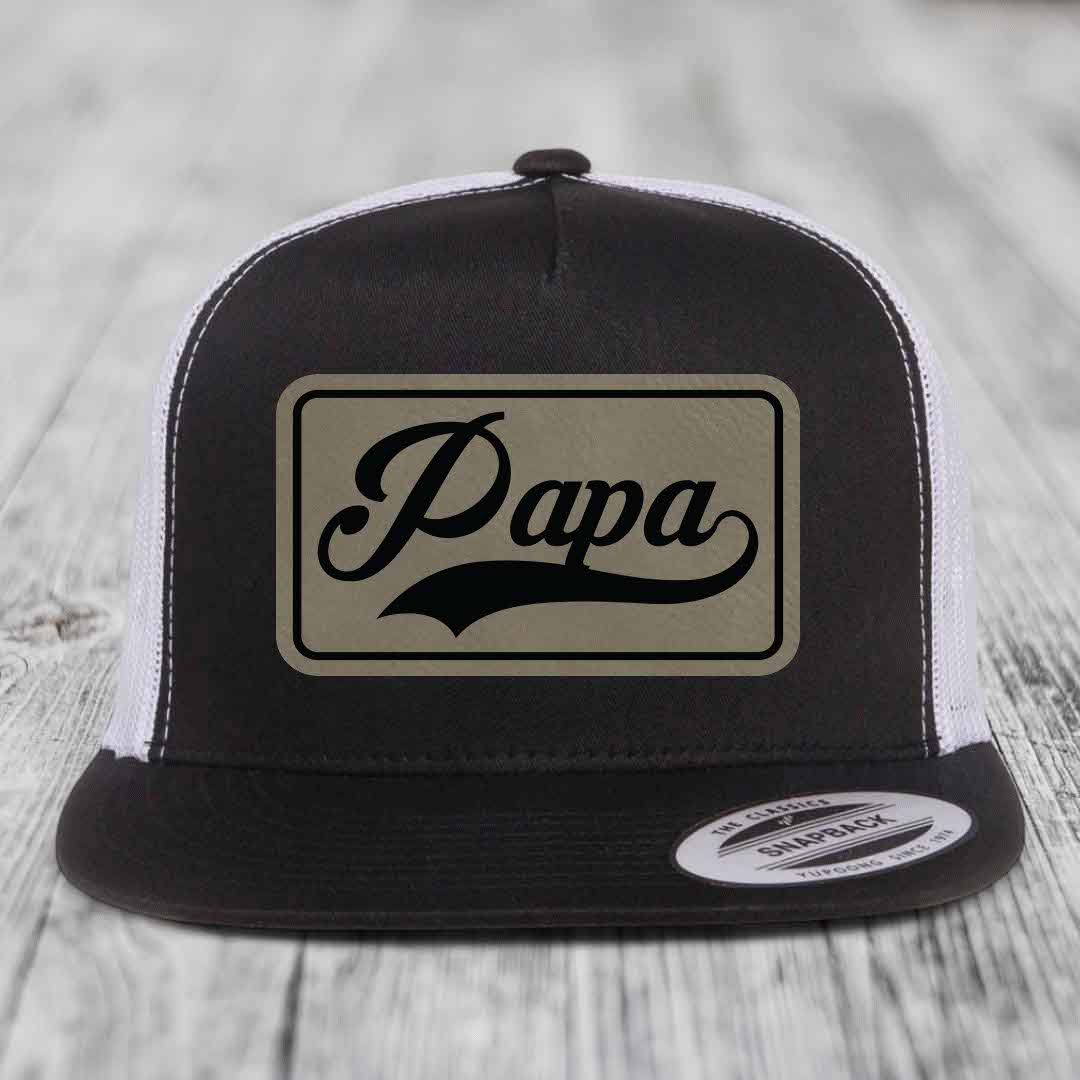 Papa - Leather Patch Hat - Light Brown to Black Patch - Yupoong 6006 Snapback Flatbill Hat