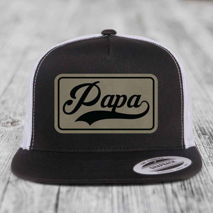 Papa - Leather Patch Hat - Light Brown to Black Patch - Yupoong 6006 Snapback Flatbill Hat