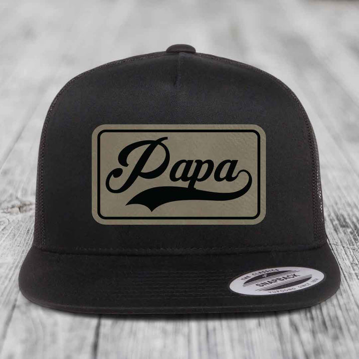 Papa - Leather Patch Hat - Light Brown to Black Patch - Yupoong 6006 Snapback Flatbill Hat