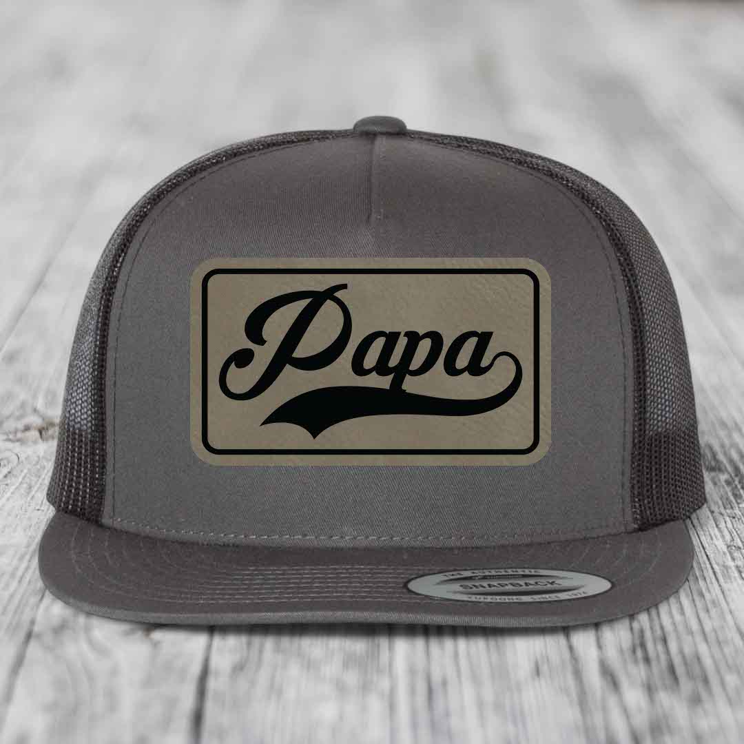 Papa - Leather Patch Hat - Light Brown to Black Patch - Yupoong 6006 Snapback Flatbill Hat