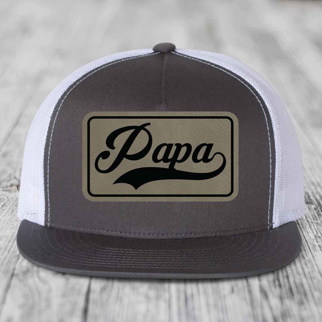 Papa - Leather Patch Hat - Light Brown to Black Patch - Yupoong 6006 Snapback Flatbill Hat