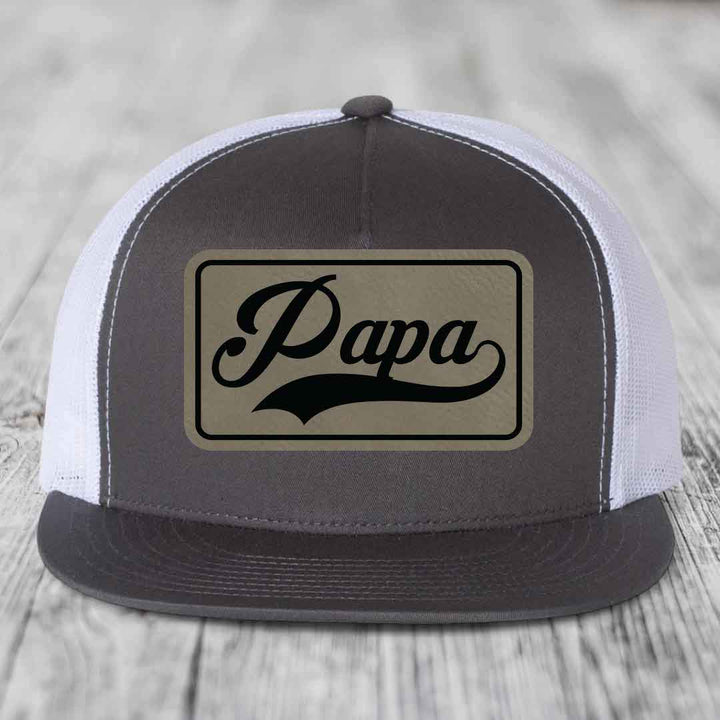Papa - Leather Patch Hat - Light Brown to Black Patch - Yupoong 6006 Snapback Flatbill Hat