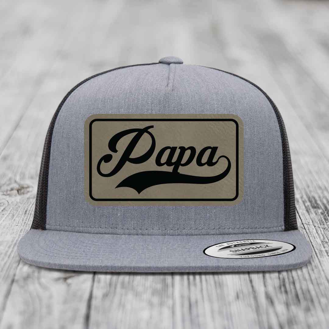 Papa - Leather Patch Hat - Light Brown to Black Patch - Yupoong 6006 Snapback Flatbill Hat