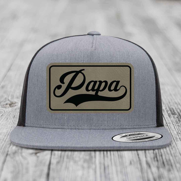Papa - Leather Patch Hat - Light Brown to Black Patch - Yupoong 6006 Snapback Flatbill Hat