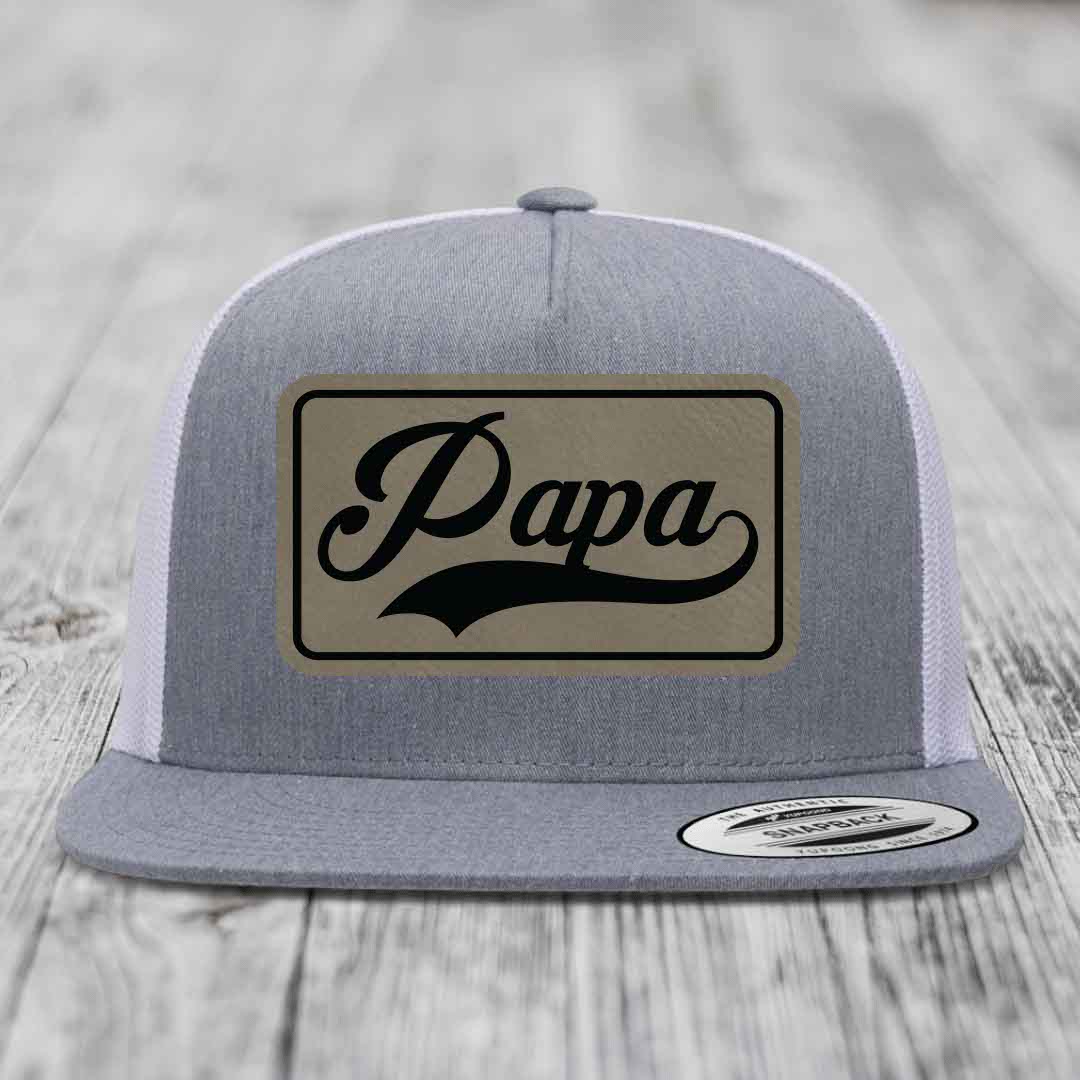 Papa - Leather Patch Hat - Light Brown to Black Patch - Yupoong 6006 Snapback Flatbill Hat