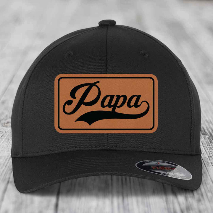 Papa - Leather Patch Hat - Rawhide to Black Patch - Flexfit 6277 Fitted Hat
