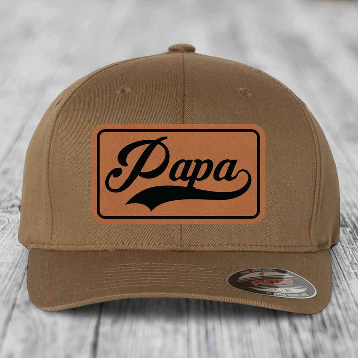 Papa - Leather Patch Hat - Rawhide to Black Patch - Flexfit 6277 Fitted Hat