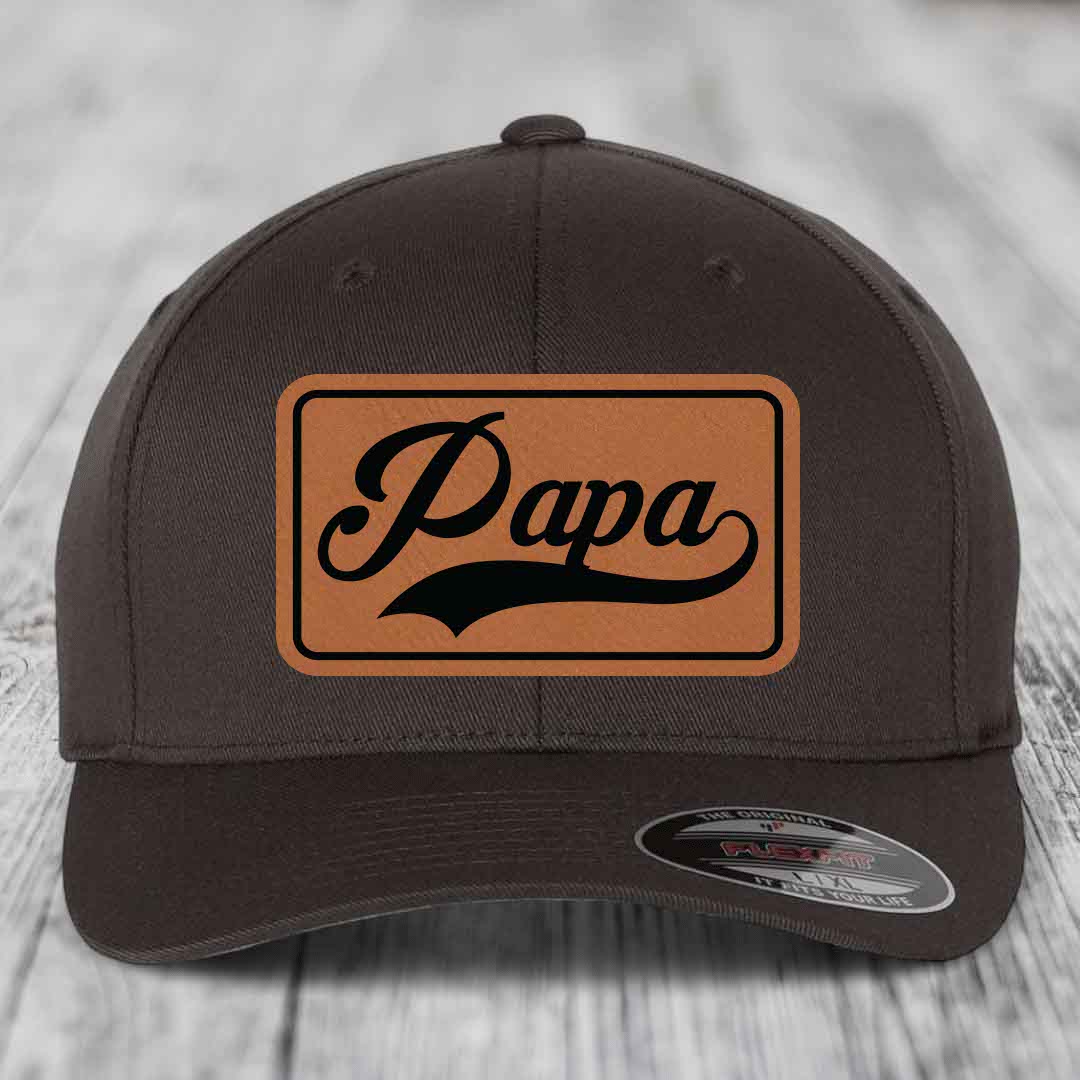 Papa - Leather Patch Hat - Rawhide to Black Patch - Flexfit 6277 Fitted Hat