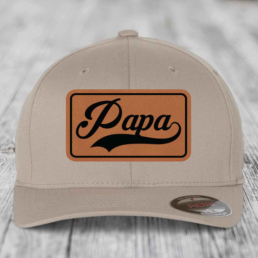 Papa - Leather Patch Hat - Rawhide to Black Patch - Flexfit 6277 Fitted Hat