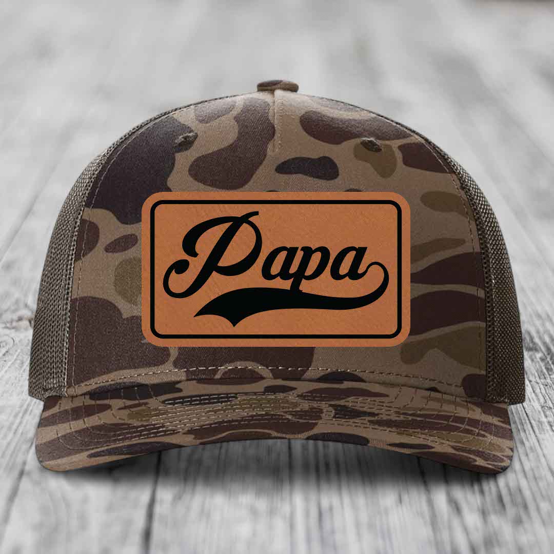Papa - Leather Patch Hat - Rawhide to Black Patch - Richardson 112PFP Snapback Trucker Hat