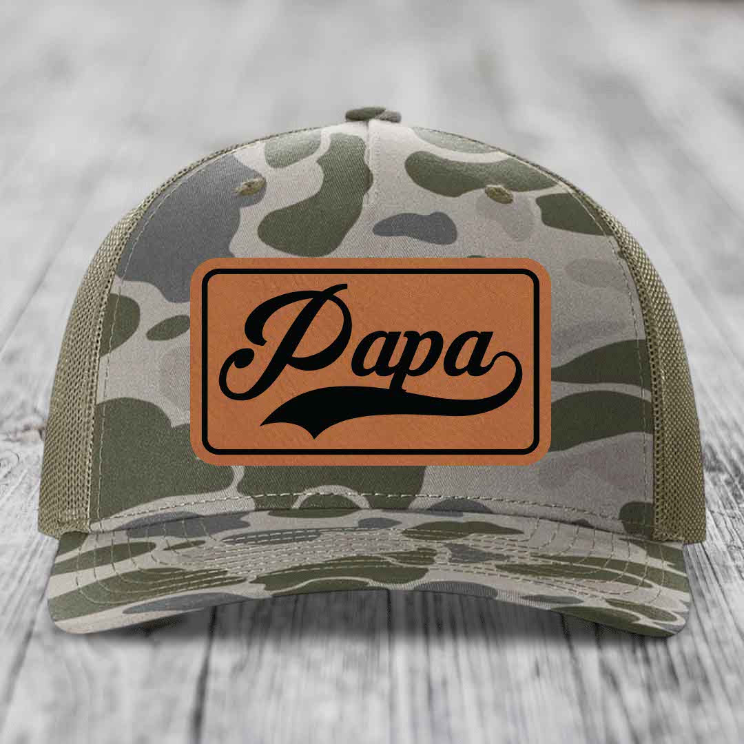 Papa - Leather Patch Hat - Rawhide to Black Patch - Richardson 112PFP Snapback Trucker Hat