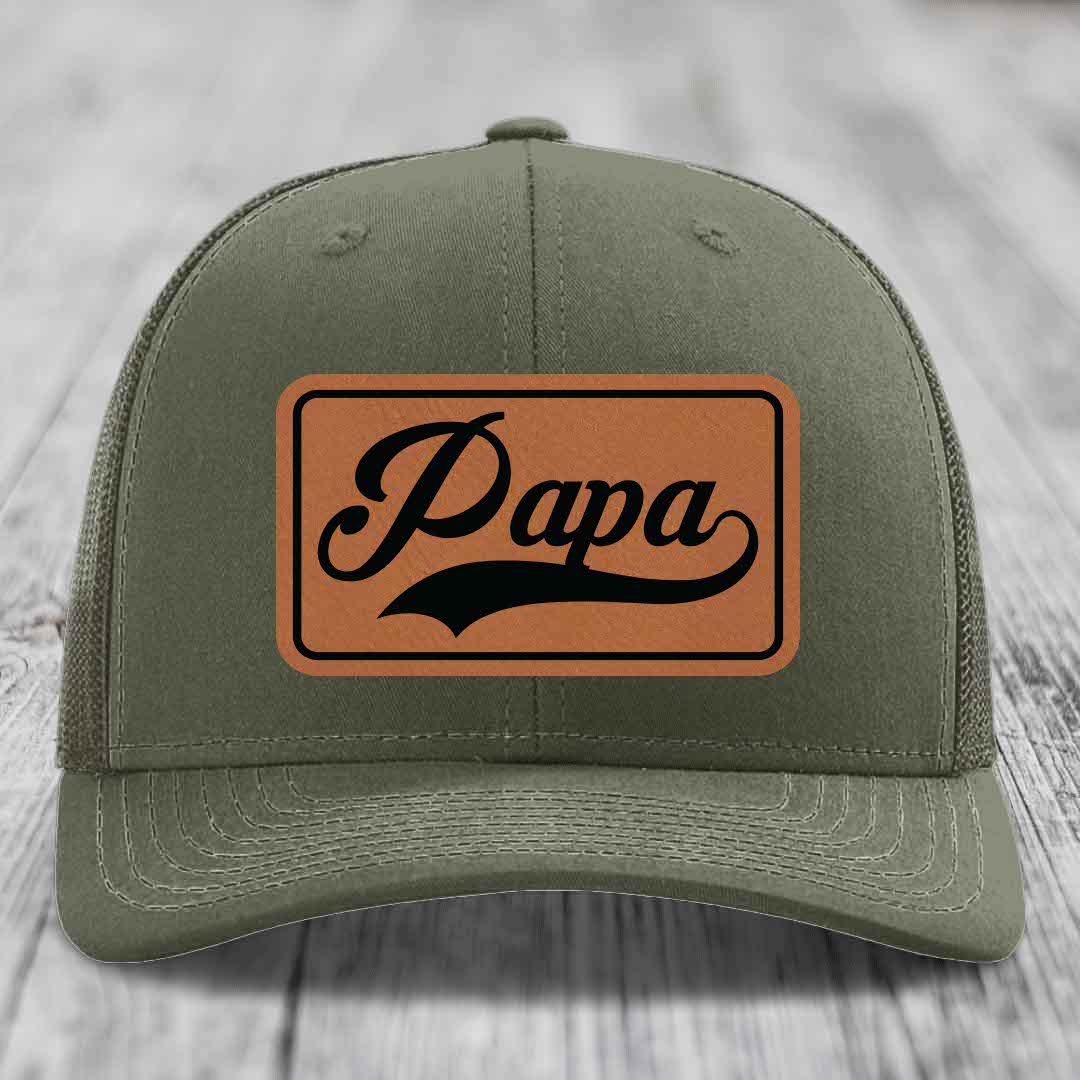 Papa - Leather Patch Hat - Rawhide to Black Patch - Richardson 112 Snapback Trucker Hat