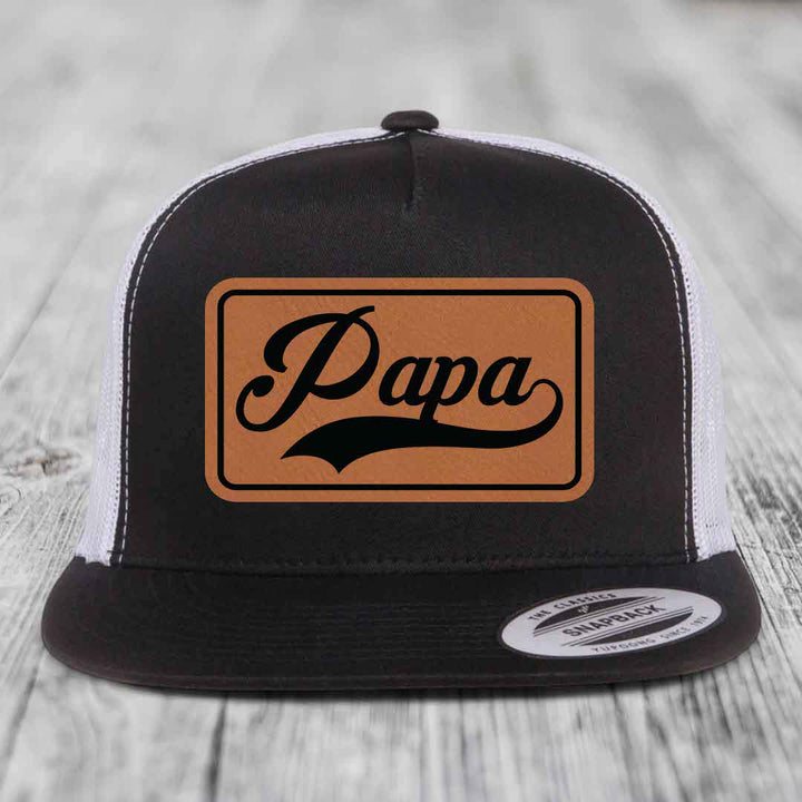 Papa - Leather Patch Hat - Rawhide to Black Patch - Yupoong 6006 Snapback Flatbill Hat