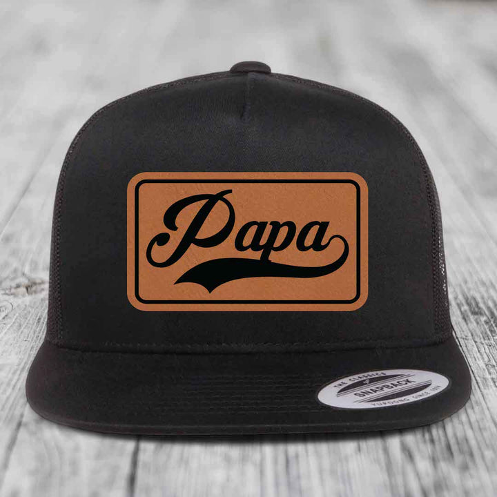 Papa - Leather Patch Hat - Rawhide to Black Patch - Yupoong 6006 Snapback Flatbill Hat