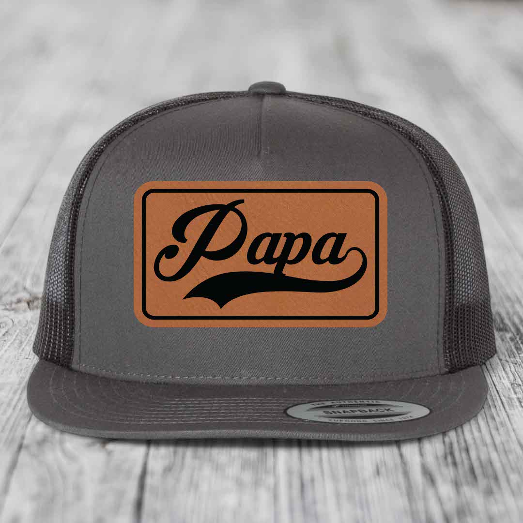 Papa - Leather Patch Hat - Rawhide to Black Patch - Yupoong 6006 Snapback Flatbill Hat