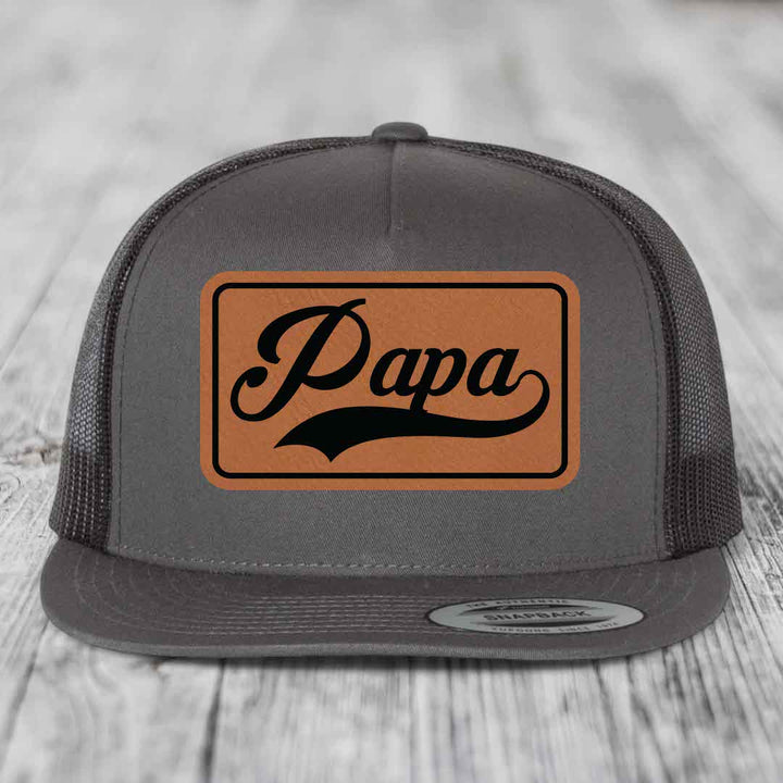 Papa - Leather Patch Hat - Rawhide to Black Patch - Yupoong 6006 Snapback Flatbill Hat