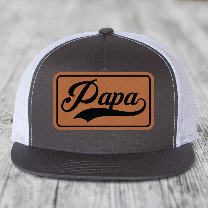 Papa - Leather Patch Hat - Rawhide to Black Patch - Yupoong 6006 Snapback Flatbill Hat
