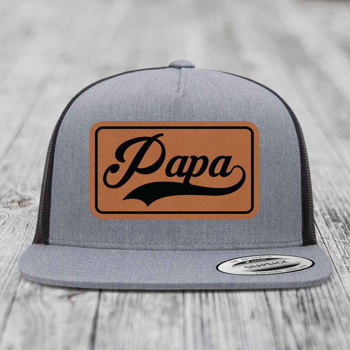 Papa - Leather Patch Hat - Rawhide to Black Patch - Yupoong 6006 Snapback Flatbill Hat