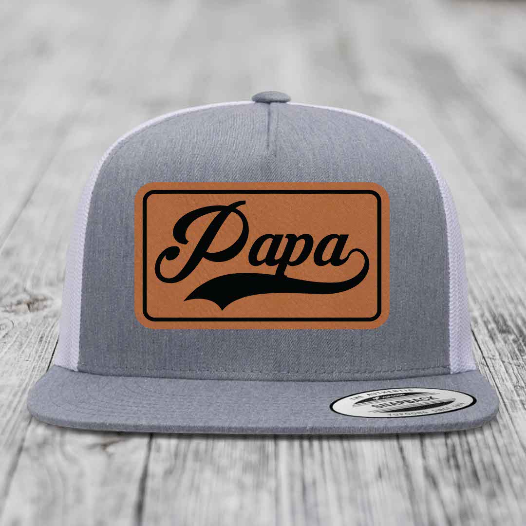 Papa - Leather Patch Hat - Rawhide to Black Patch - Yupoong 6006 Snapback Flatbill Hat