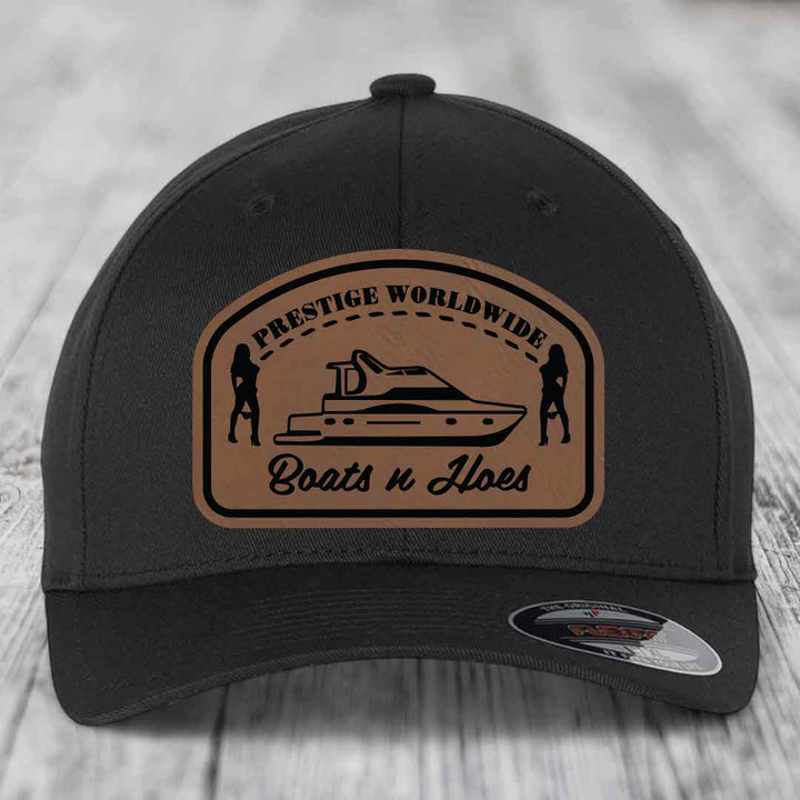 Prestige Worldwide, Boats and Hoes - Leather Patch Hat - Dark Brown to Black Patch - Flexfit 6277 Fitted Hat