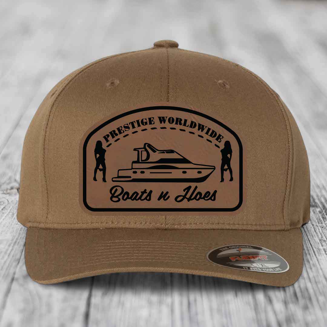 Prestige Worldwide, Boats and Hoes - Leather Patch Hat - Dark Brown to Black Patch - Flexfit 6277 Fitted Hat