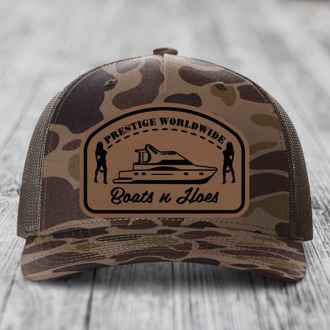 Prestige Worldwide, Boats and Hoes - Leather Patch Hat - Dark Brown to Black Patch - Richardson 112PFP Snapback Trucker Hat