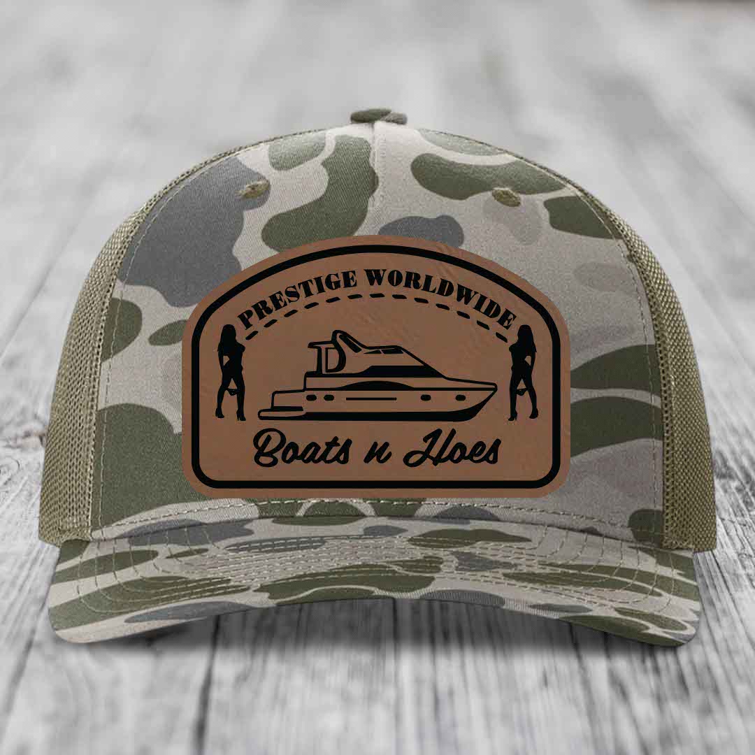 Prestige Worldwide, Boats and Hoes - Leather Patch Hat - Dark Brown to Black Patch - Richardson 112PFP Snapback Trucker Hat